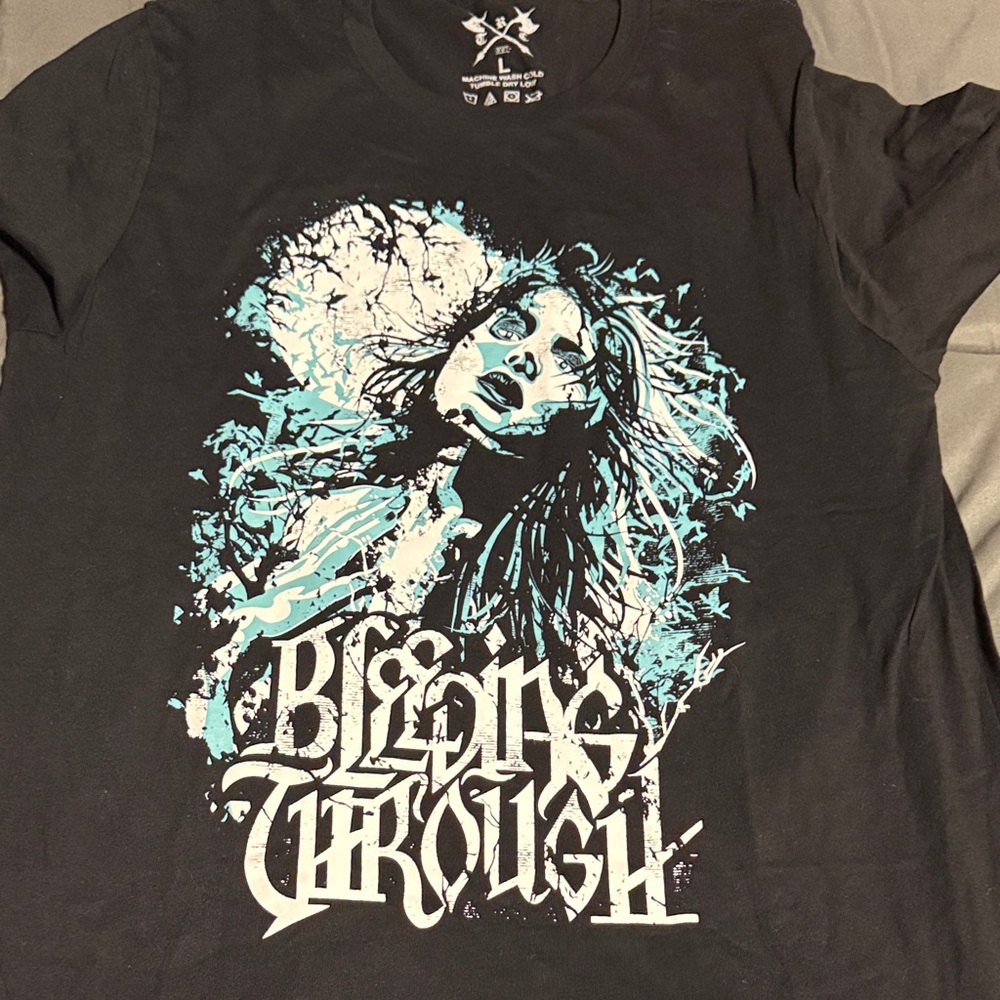 Bleeding Through Black Graphic Tee with Blue and White Design